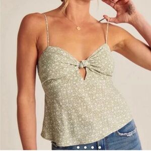 Abercrombie & Fitch Floral Cami Tank with Small Knot Cutout Smocked in Green.